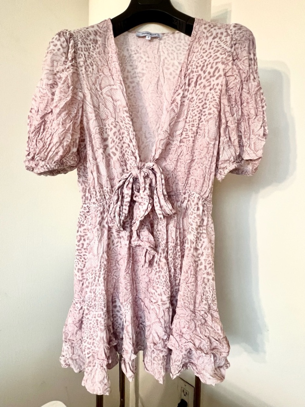 Blush-Pink w/soft pinkish brown pattern.💕 Tie-Front (or back) Ruffle Mini Dress